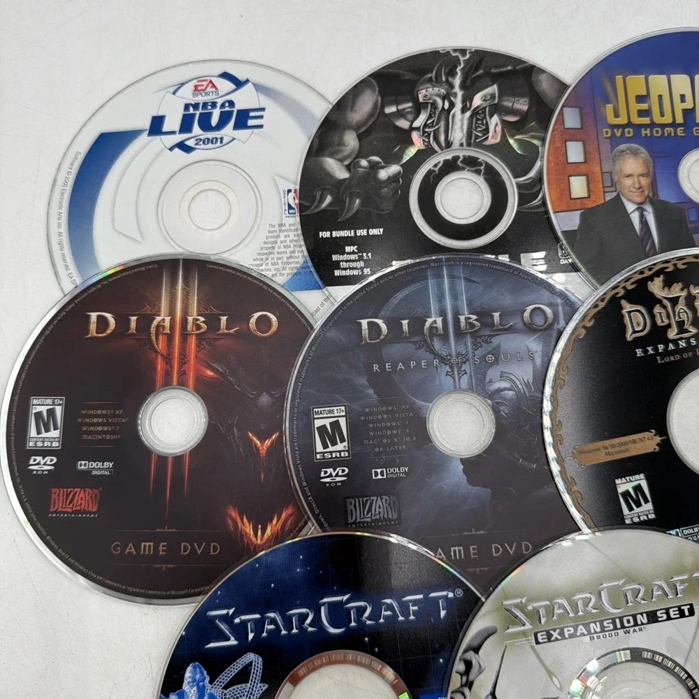 PC Game Lot of 11 Discs Untested Diablo, StarCraft, Call Of Duty, Jeopardy, NBA